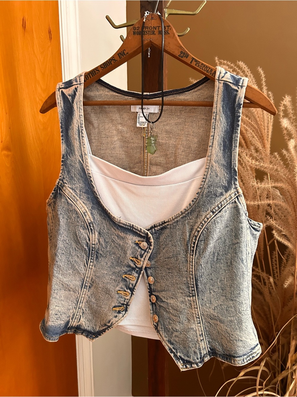 Cropped acid wash denim vest